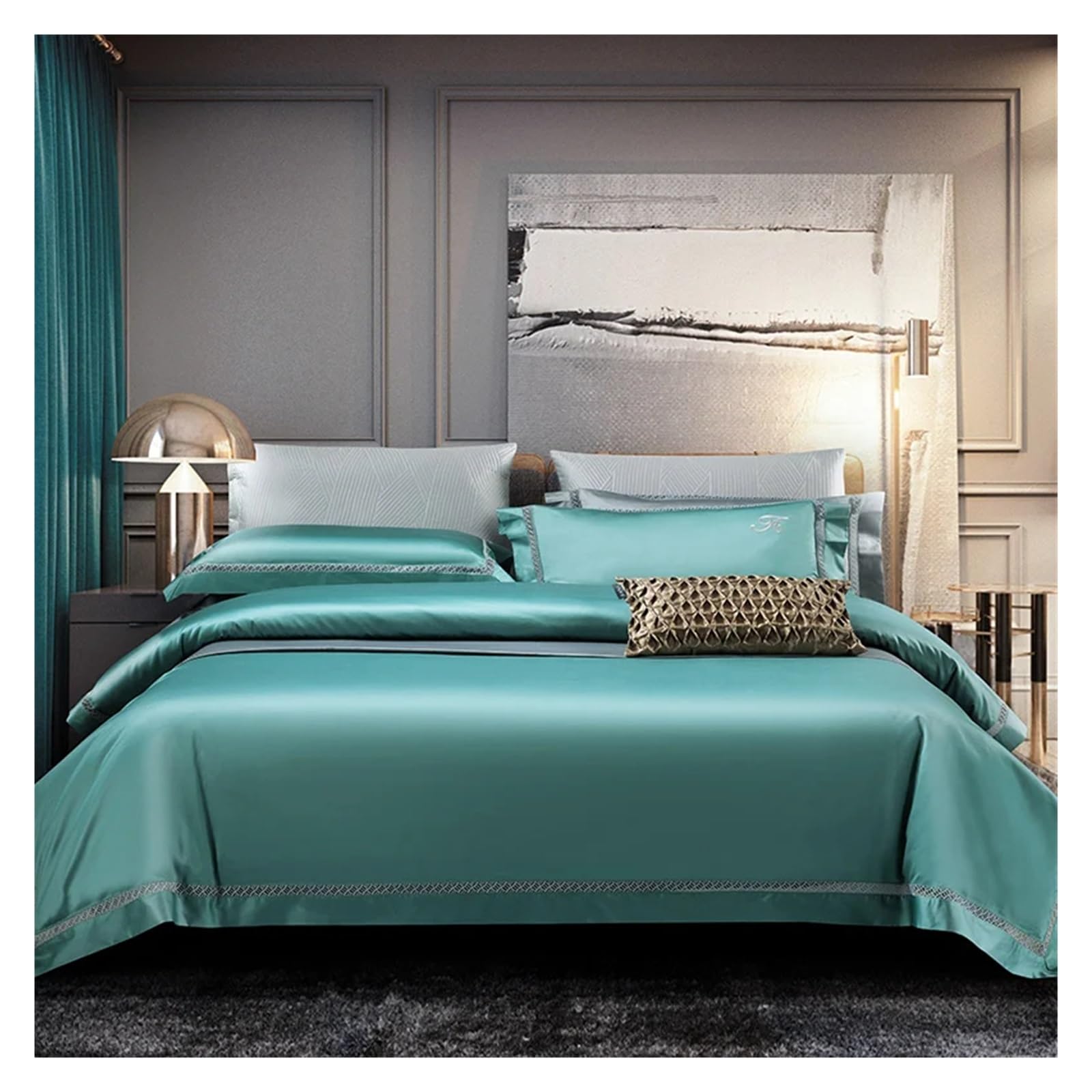 Sbcgfy Green Bed Four Pieces Set, 1400Tc Egyptian Cotton 4Pieces Queen King Size Bedding Set Embroidery Bedlinen Bedsheet Set Duvet Cover Pillowcase,-Flat Bed Sheet-Queen 4Pcs