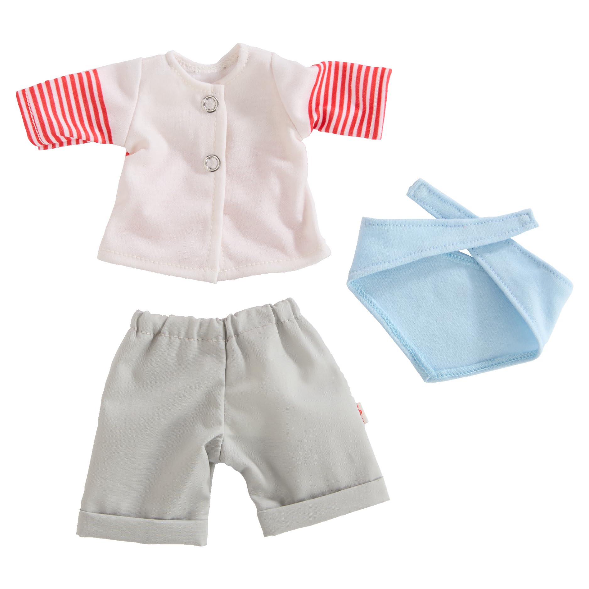 HABA Kleiderset AHOI – 3-teiliges Puppen-Outfit im maritimen Look für 30 cm Stoffpuppen – Anziehkleidung für Puppen ab 18 Monaten – waschbar bei 30 °C – 2011860001