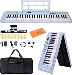 ADM 61 Clé pliante électrique Piano clavier, Piano pliable clavier électronique, sans fil 128 Tons, 128 Rhythmes inclus Pedal, Gig Bag, Casques pour débutants, étudiants, adultes (blanc)