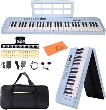 ADM 61 Key Folding Electric Piano Keyboard, Foldable Piano Electronic Keyboard, Wireless 128 Tones, 128 Rhythms Includes Pedal, Gig Bag, Headphones for Beginners, Students, Adults Blue