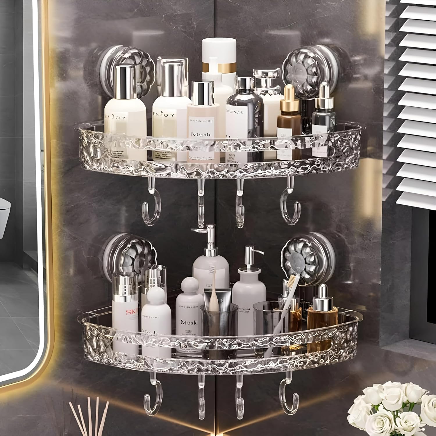 Bathroom Corner Shelf for Wall with Strong Suction Cups - Transparent Acrylic Triangle Storage Rack with Utility Hooks, No-Drill Bathroom Organizer for Shampoo, Soap & Accessories (Round 2 Pcs)-image-20