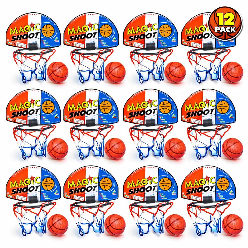 Mini Basketball Game (12 Sets) Each Set Includes 1 Mini Ball, 1 Back Board Net, & Mounting Tape, Indoor Basketball Hoop for Kids, Basketball Party Favors, Best Gift for Boys and Girls
