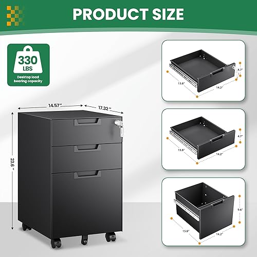 Miniatura 32 de Archivador móvil de 3 cajones con cerradura, archivador debajo del escritorio para oficina en casa, archivadores de metal sobre ruedas para archivo