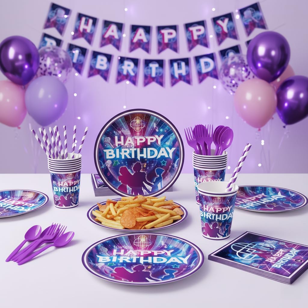 Kpop Birthday Party Decorations Serve 24, 199Pcs K Pop Party Supplies, Dinner Plates Dessert Plates Napkins Cups Forks Pink Purple Balloons for Kpop Party Favors