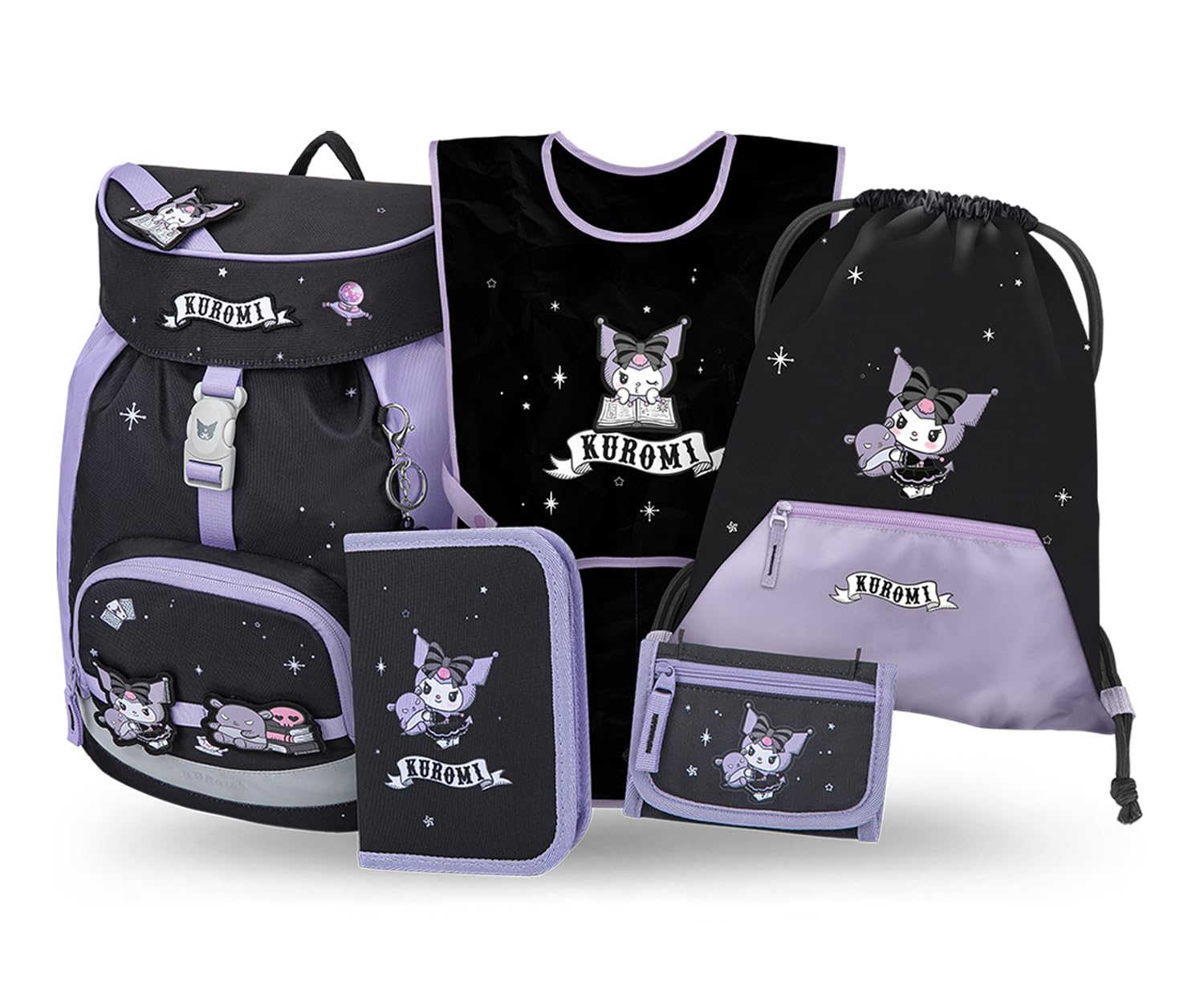 Baagl Mochila escolar para niños y niñas, juego de 5 piezas (mochila escolar Airy para 1ª clase, estuche, bolsa de gimnasio, delantal, bolsa de pecho), mochila escolar ergonómica, 16,5 l, Kuromi