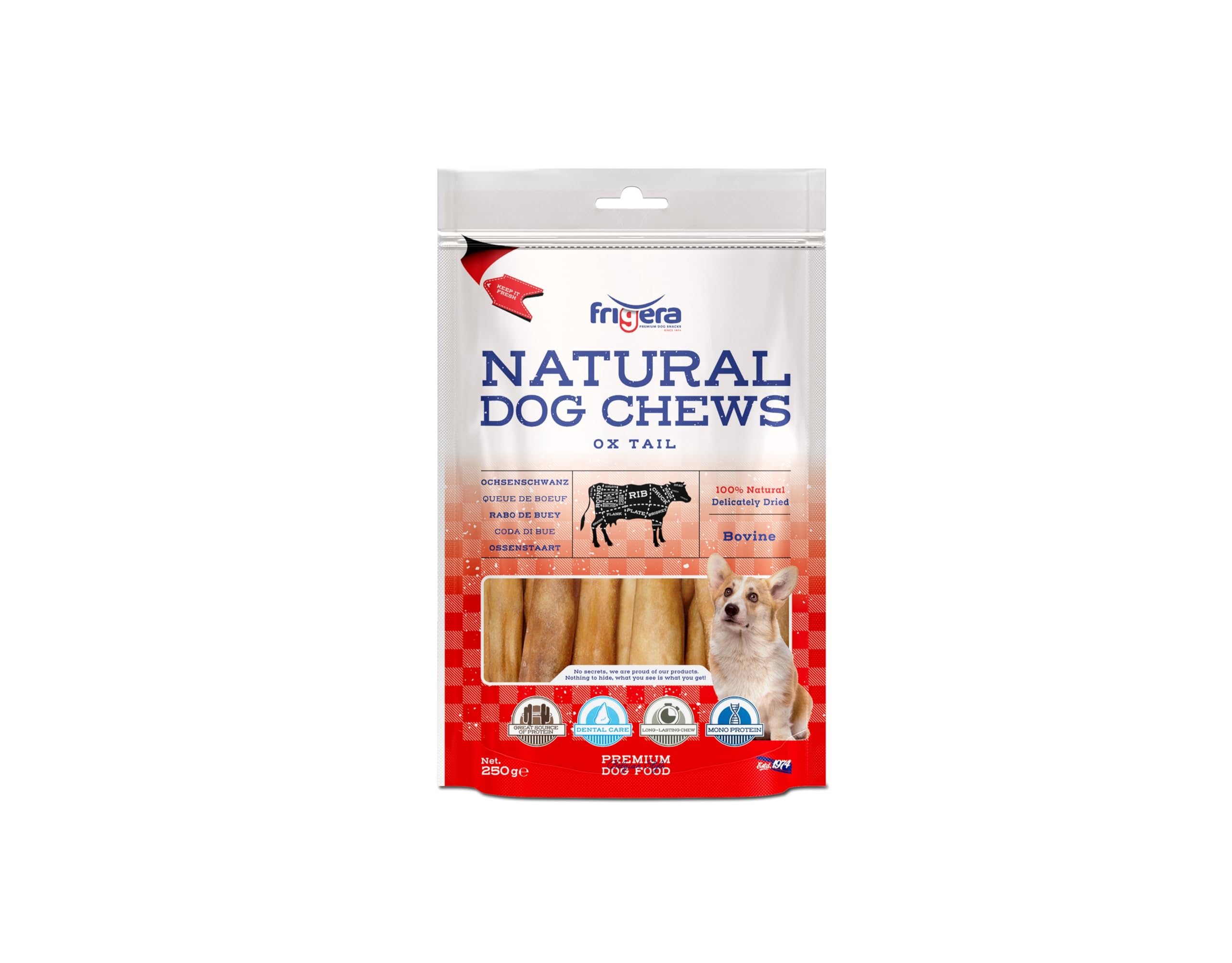 Frigera Queue de Bœuf 250g – Friandises Naturelles et Riches en protéines pour Chiens, sans Gluten ni céréales, Snacks de qualité sans additifs