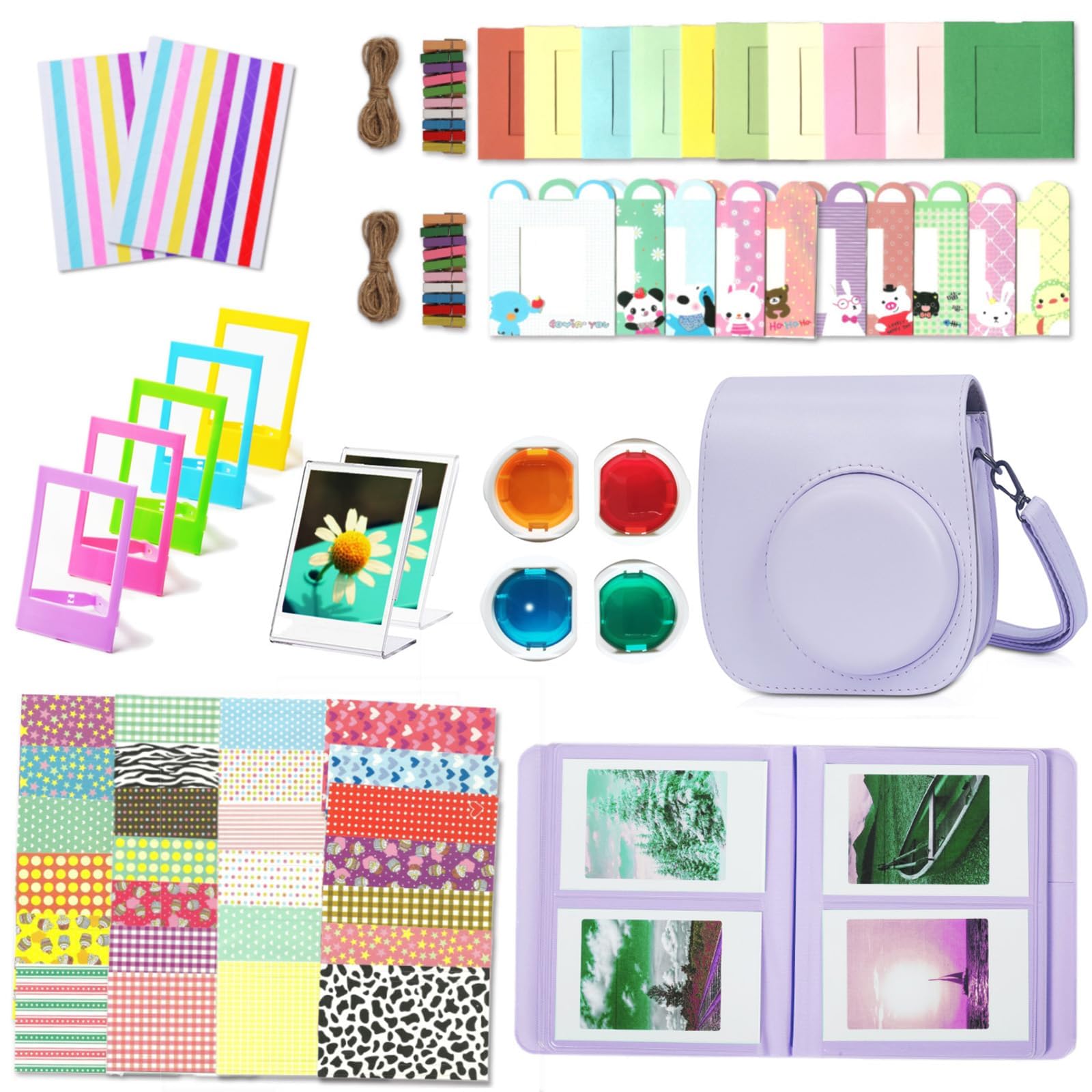 Paquete de Accesorios Compatible con Instax Mini 12 Cámara analógica instantánea Incluye: Funda/Album/Marcos para Fotos/Marcos de Películas/Bordes/Pegatinas (Lilax Purple)