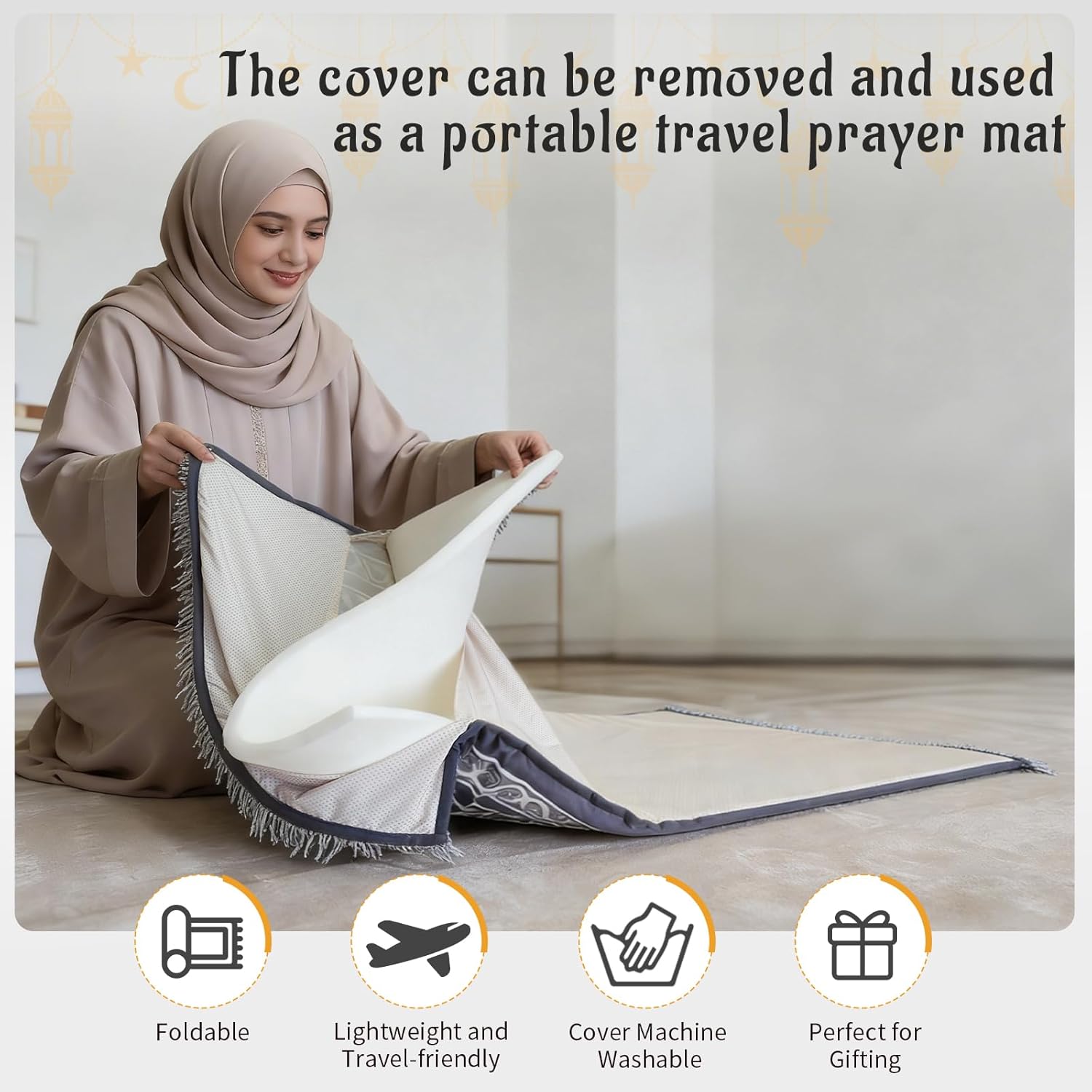 Muslim Prayer Mat, 2-in-1 Machine Washable Prayer Rug with Removable Cover, Thick Padded Foam Janamaz Sajadah, Non Slip Islamic Prayer Mat for Men Women, Travel 31.5"x47.2"