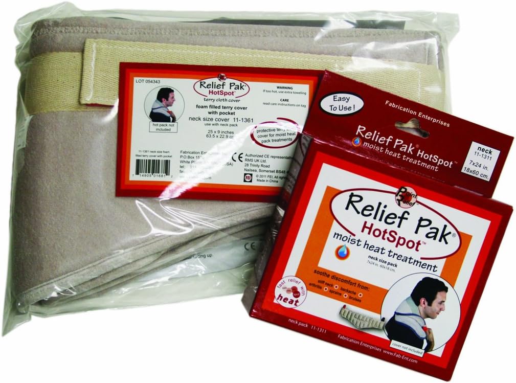 Fabrication Enterprises Relief Pak HotSpot Moist Heat Pack and Cover Set - Neck Pack with Terry with Foam-fill Cover