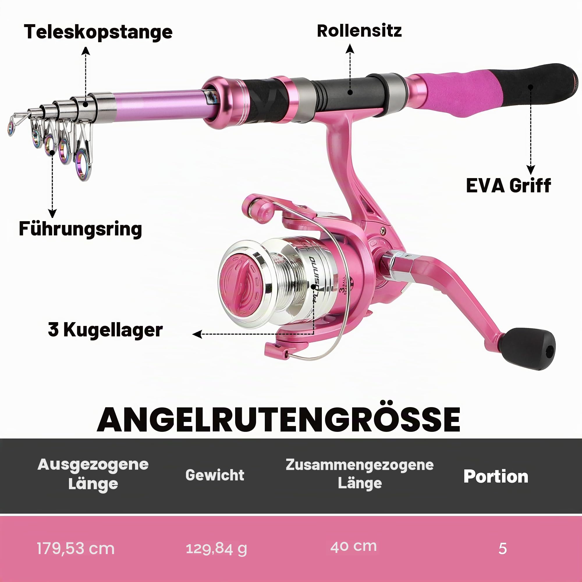 PLUSINNO Damen Rosa Teleskop-Angelrute und Rolle