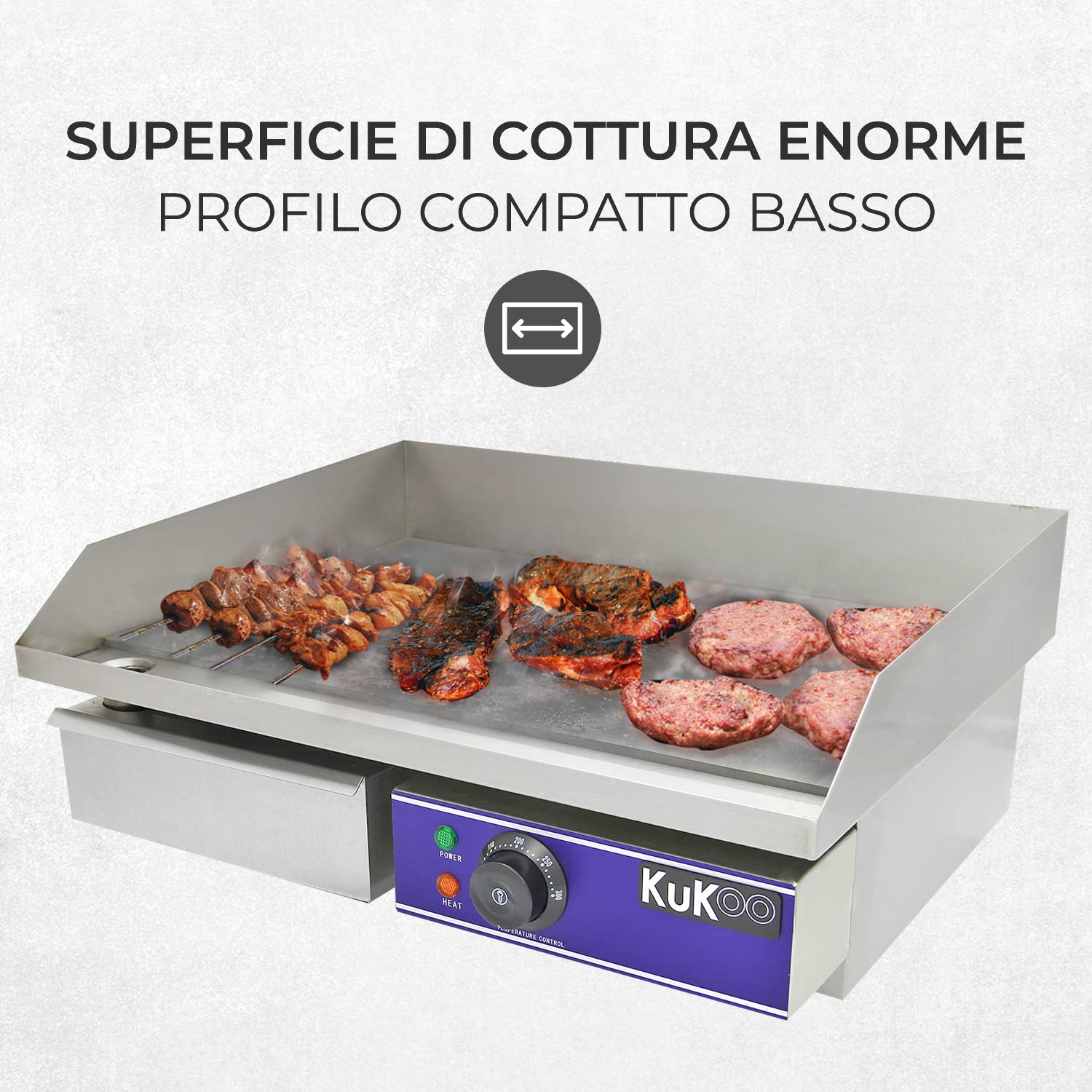 Kukoo - Piastra Elettrica da Cucina in Acciaio Inossidabile Griglia Professionale Liscia Bistecchiera da Bar Ristorante - 50cm