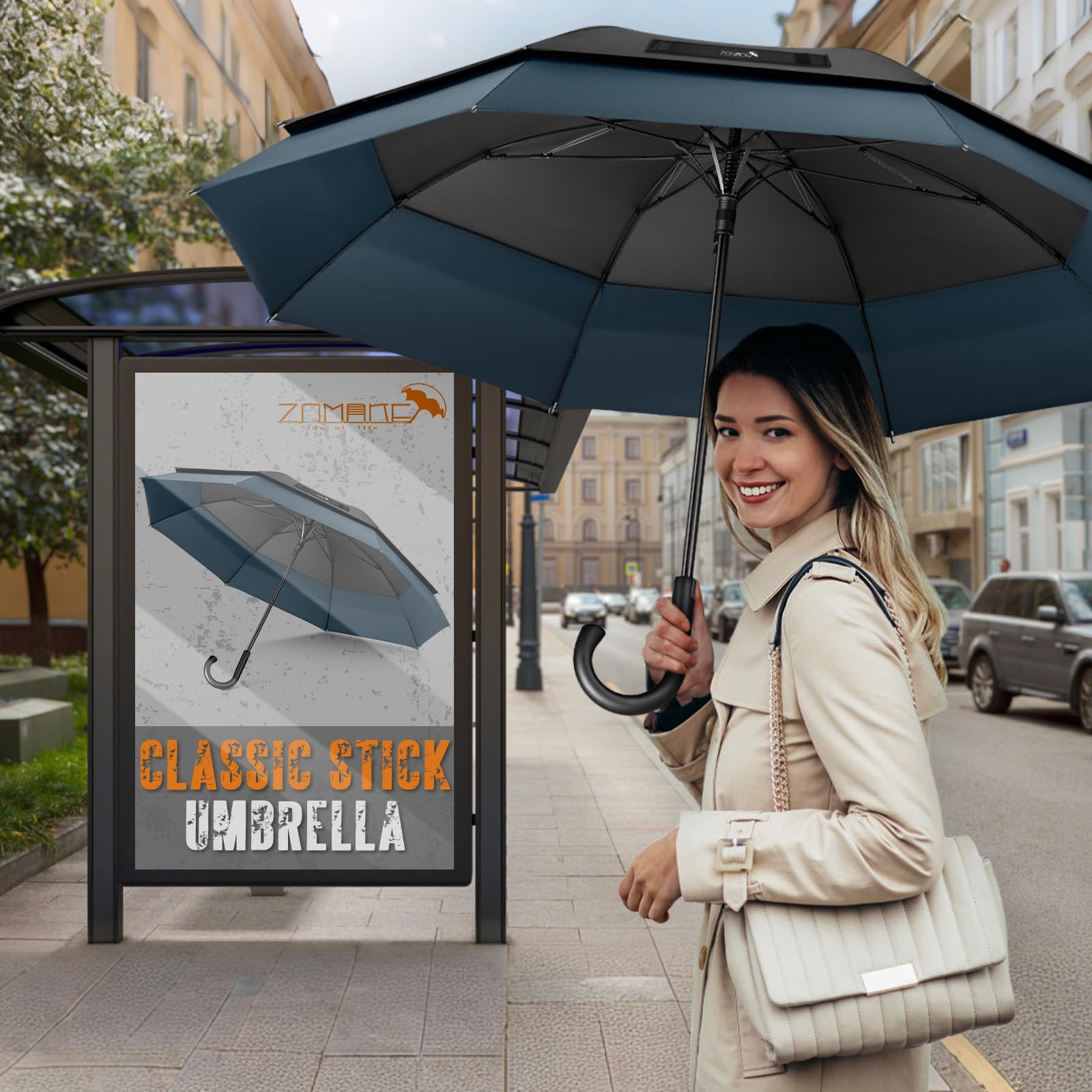 ZOMAKE Paraguas Grande 58 Pulgadas Para Hombre Mujer,8 Varillas Paraguas De Golf Antiviento,Umbrella Trekking Con Dosel RetráCtil De Apertura AutomáTica(Negro Azul Marino)