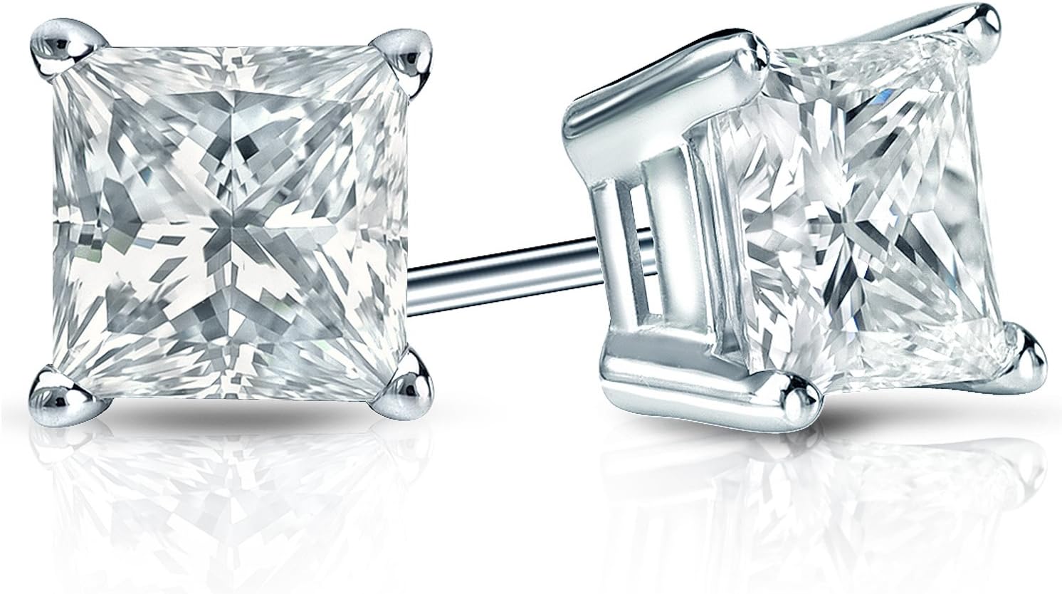 1/3 Carat Princess Cut Diamond Stud Earrings in 14k White or Yellow Gold (I2-I3, cttw) 4-Prong Basket Push Back by Diamond Wish