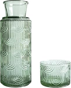 Bedside Water Carafe and Glass Set, 640ml Lead-Free Glass Pitcher with Cup, Premium Textured Glassware for Bedroom, Bathroom, Living Room, Mouthwash Dispenser for Bathroom Green