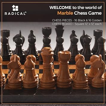 Radicaln Marble Chess Set for Adults 12 Handmade Black and Golden Board Game with 32 Chess Pieces, Luxury Travel Game, Elegant Gift for Table top & Home Decor