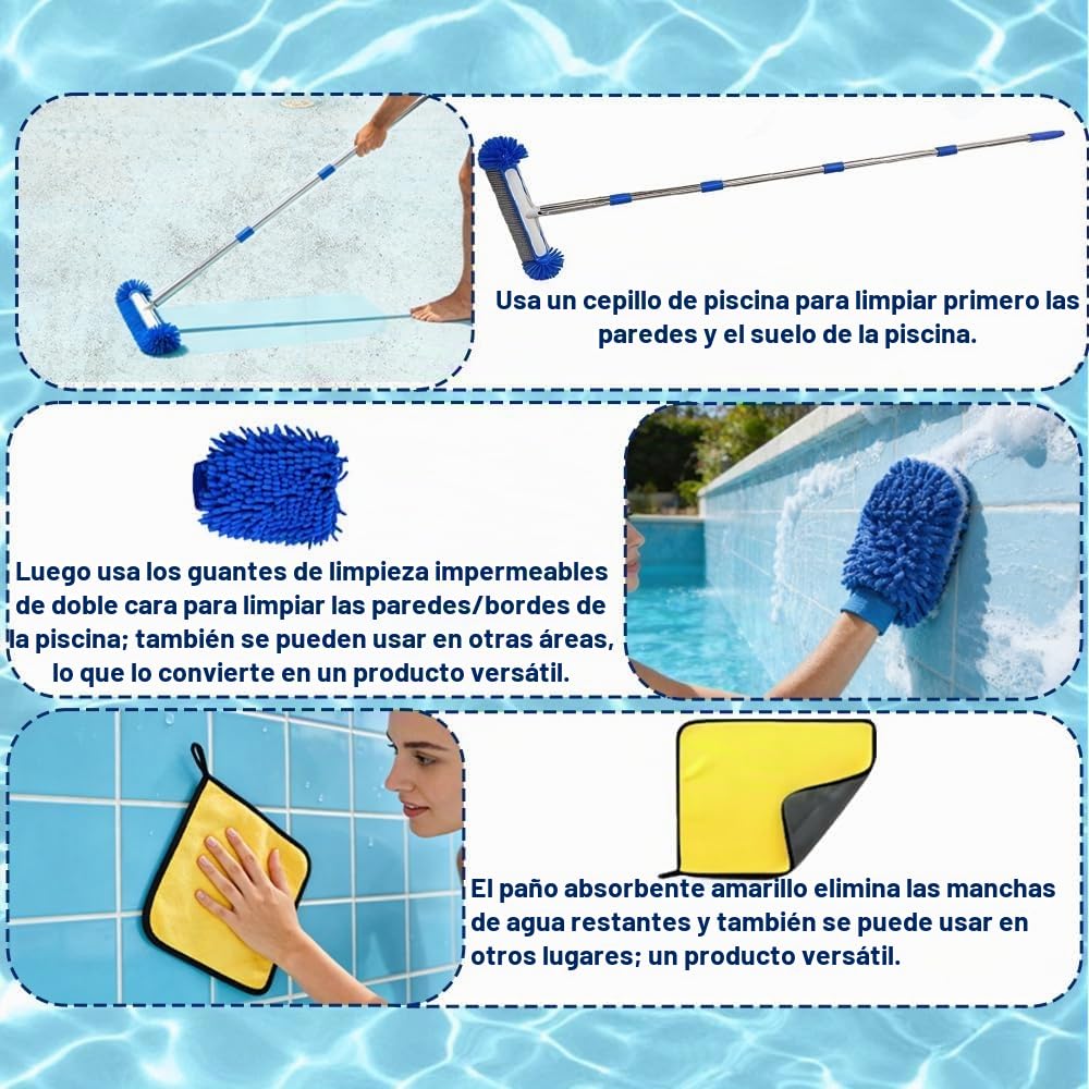 Cepillo Piscina con pertiga 194cm, Cepillo de Piscina 43cm, Cepillo para Limpiar Piscinas con Varilla de Acero Inoxidable, Kit Piscina Limpieza