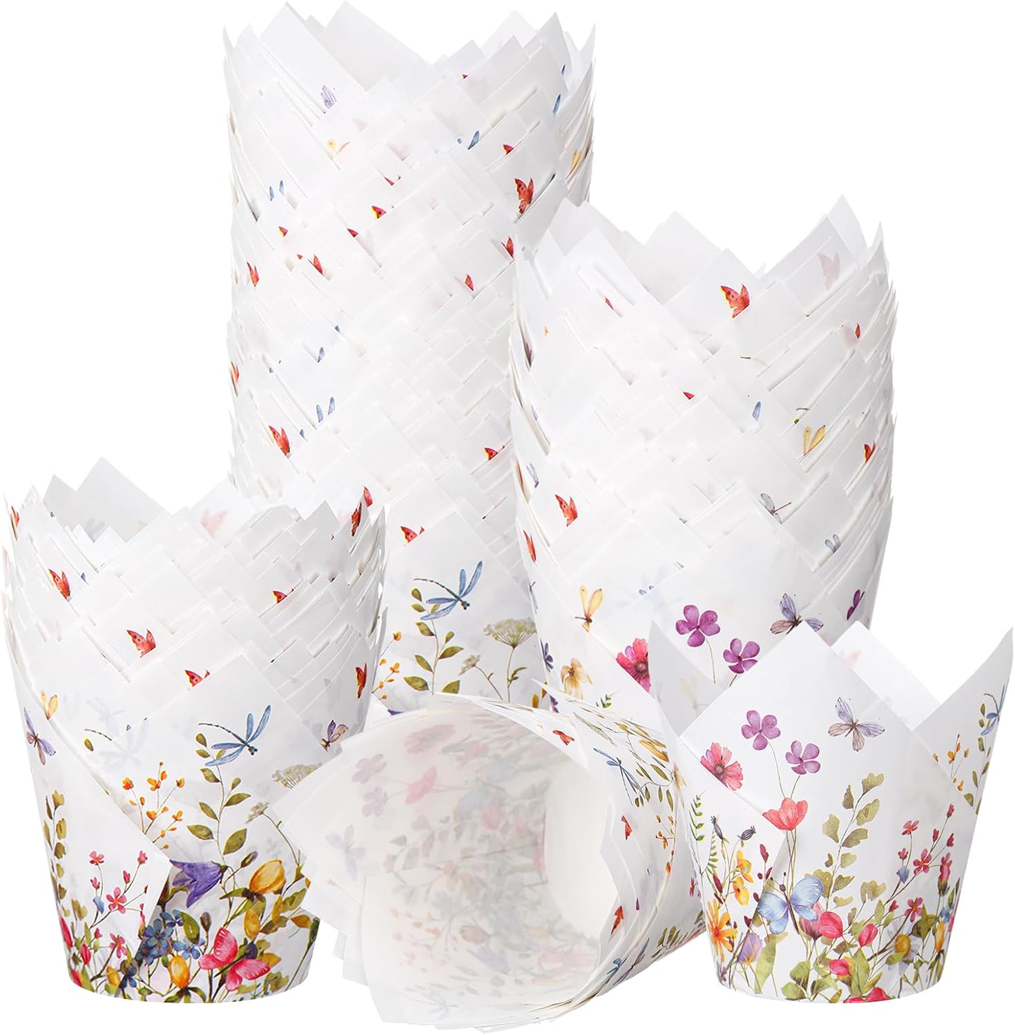 Vesici 200 Counts Wildflower Tulip Cupcake Liners Wildflower Baby Shower Decorations Liners Tulip for Baking Cups for Spring Easter Bridal Shower Wedding Festival Party