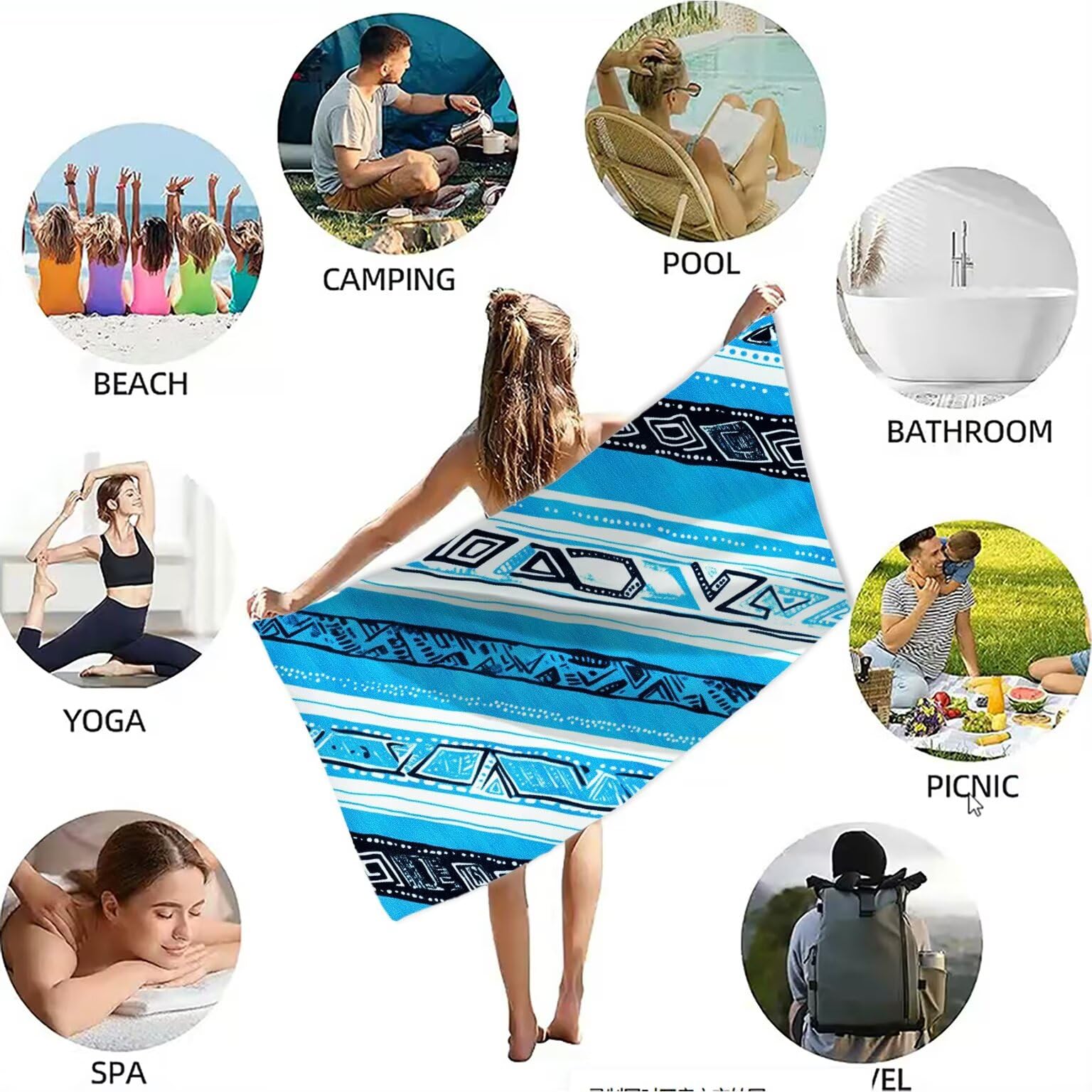 Ręcznik plażowy Geometryczny ręcznik plażowy z mikrofibry 100 x 220 cm ręcznik na siłownię Turcja Kompaktowa mata plażowa, odporna na piasek, szybkoschnąca, ultra chłonna, ręczniki na siłownię do