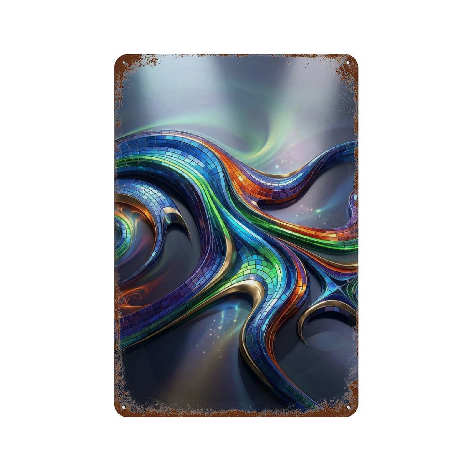 Rust Effect Abstract Colorful Mosaic Waves Distressed Metal Wall Sign 11.8"x7.9", Shabby Chic Decor for Pub, Kitchen And Man Cave Decor