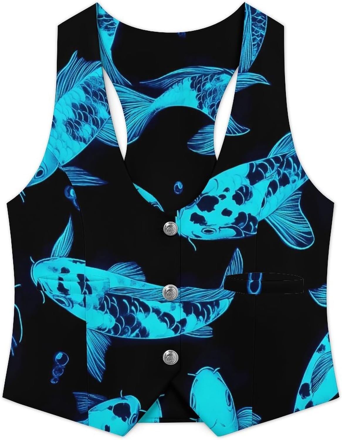 Glow in The Dark Fish Women's Tuxedo Waistcoat Suit Vest | 3 Button V-Neck Slim Fit Casual Sleeveless Top
