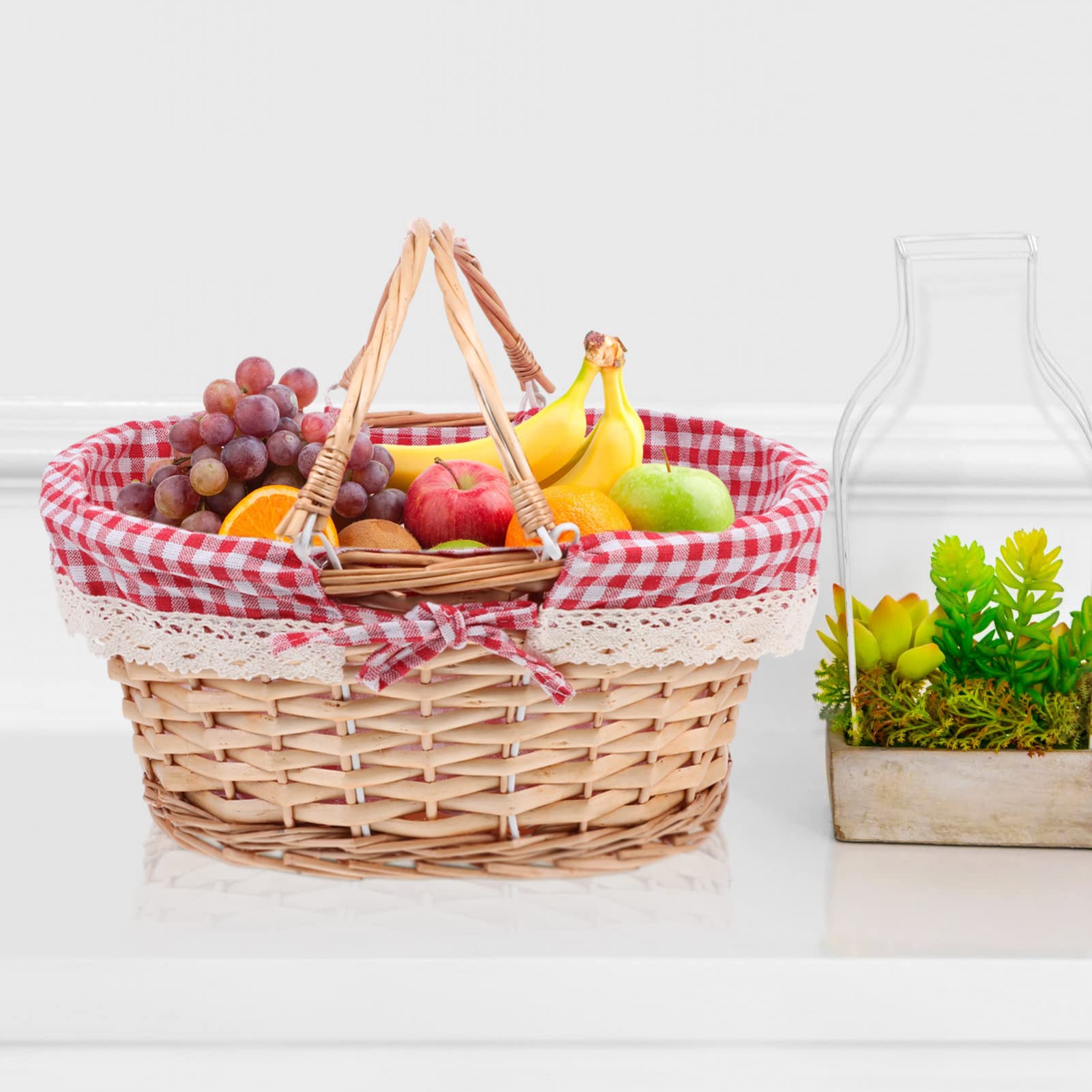 Cestini Vimini, Cabilock Cestino in Vimini, 37X27X17CM Intrecciato Cesto Picnic con Manico e Trecc, Vintage Country Naturale Cestino Campeggio All'aperto