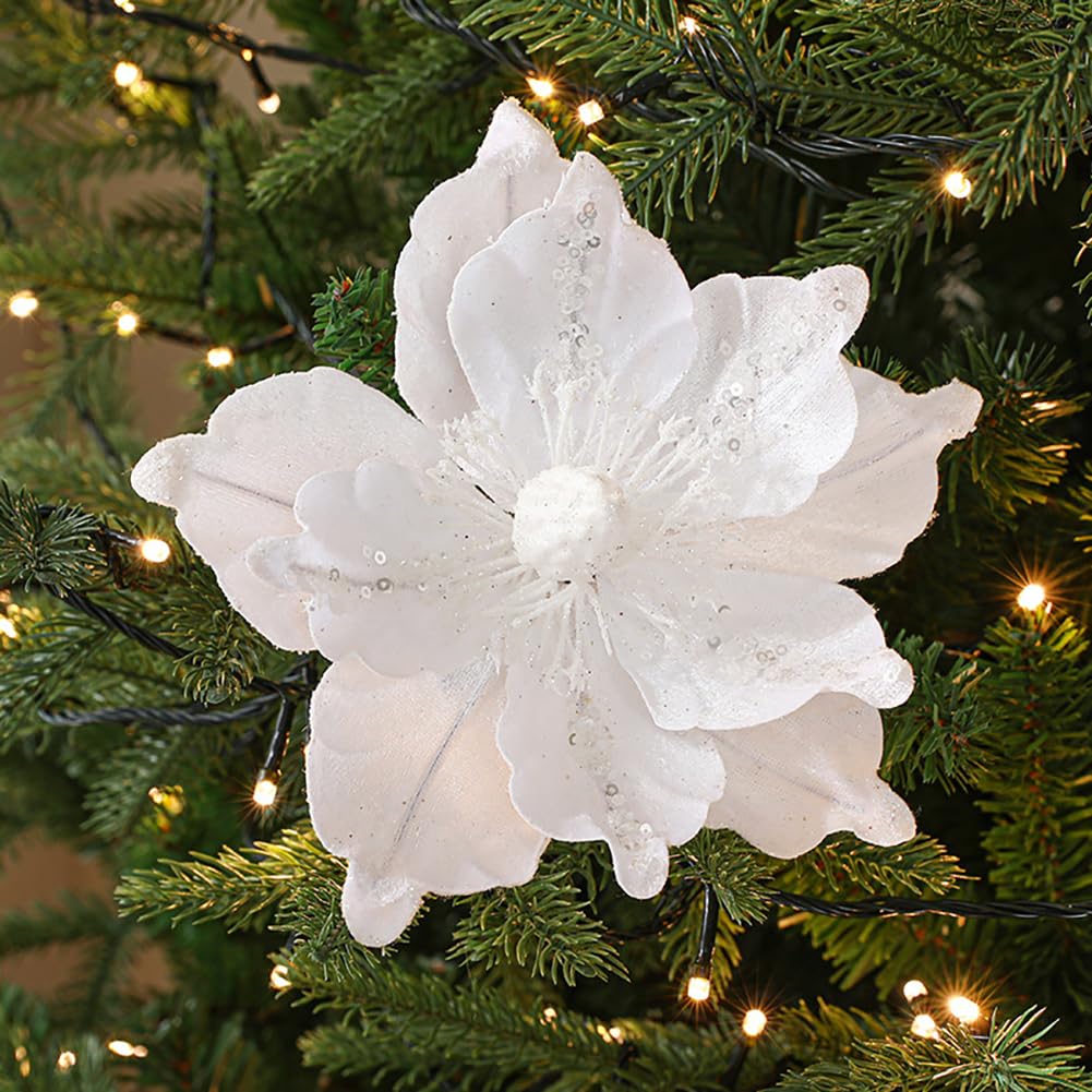 vctops Lot de 6 fleurs de poinsettia artificielles en velours pailleté pour Noël, Nouvel An, mariage, vacances, loisirs créatifs, blanc
