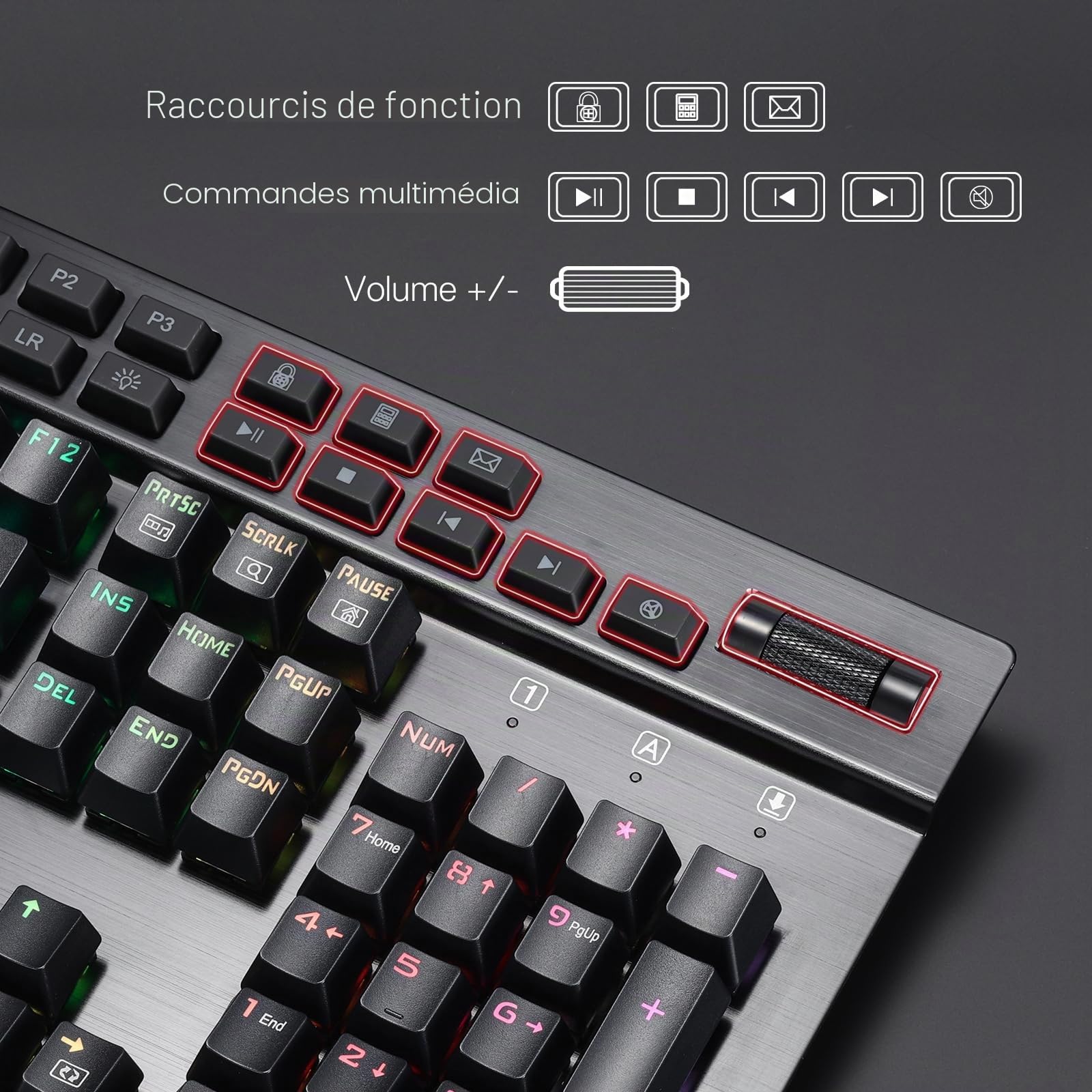 Redragon Clavier de jeu K550 RVB, 104 touches + 12 macro G, clavier mécanique filaire, interrupteur violet cliqué, port USB supplémentaire, repose-poignet