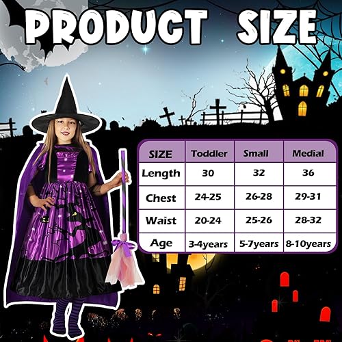 Miniatura 2 de Juego de 5 piezas de disfraz de bruja de Halloween para niña, vestido de bruja iluminado, escoba, capa, sombrero, calcetín para fiesta de dulces o