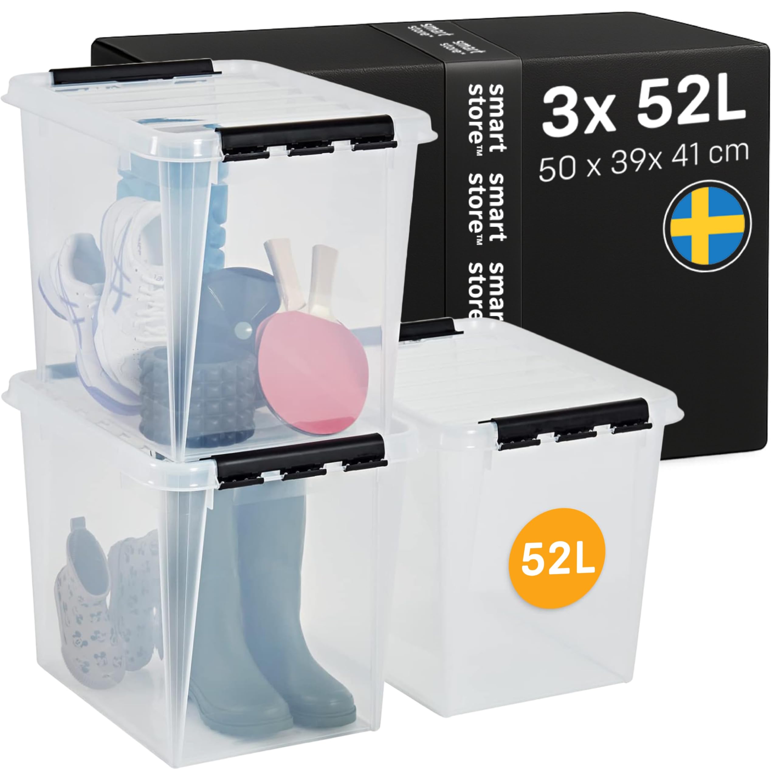 SmartStore - 3x Boîte de Rangement Plastique avec Couvercle Classic 52L (50x39x41cm) | Empilable et de Qualité Alimentaire | Boîte Plastique avec Couvercle & Coins Renforcés | Garantie 10 Ans