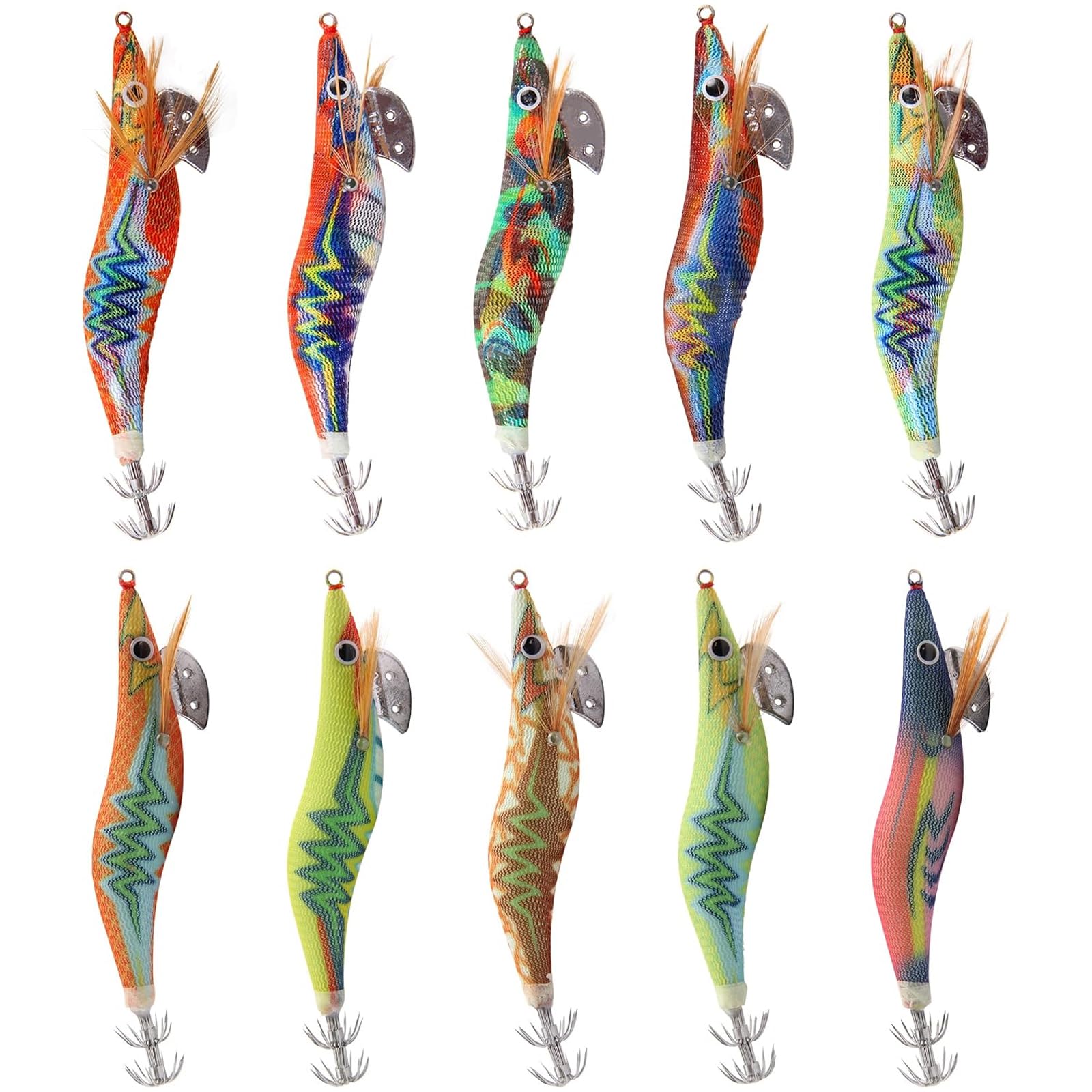 Luminous Squid Jig Hook Saltwater Fishing Lures Kit 10pcs Luminous Hard Lure Baits Artificial Squid Jig Hooks Prawn Shrimp Fishing Lures for Octopus Cuttlefish