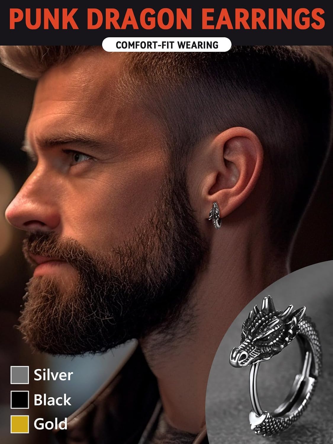 FaithHeart Viking Animals Huggie Hoop Earrings for Men, Gothic Dragon/Snake/Dinosaur/Wolf Earrings Stainless Steel Hypoallergenic Lightweight Stud Earrings Mens Punk Rock Jewelry Gift - Image 2