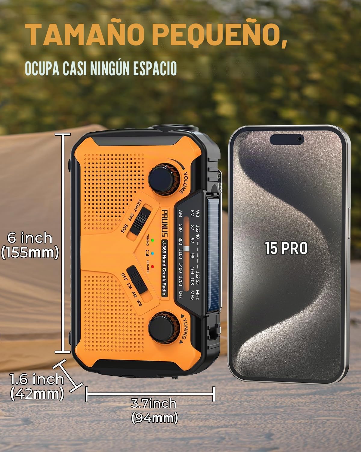 PRUNUS J-369 - Radio meteorológica de emergencia de 11100 mWh, baterías AA, manivela, solar, carga USB, NOAA/AM/FM, linterna LED y lámpara de lectura, alarma SOS y linterna portátil