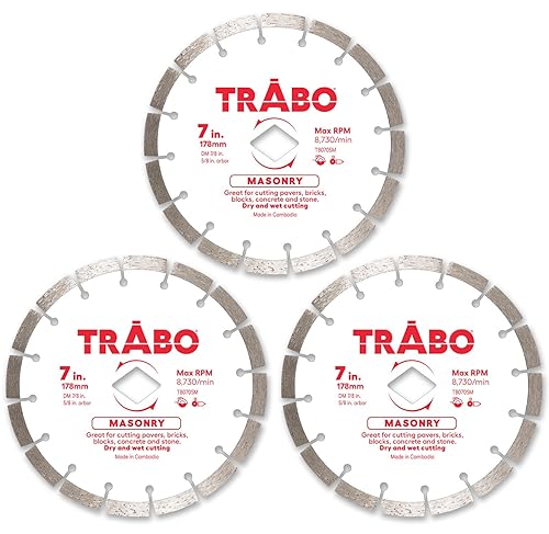Trabo Paquete de 3 cuchillas de unión de metal con borde segmentado de mampostería de 7 pulgadas para cortar cemento, adoquines, hormigón con barras