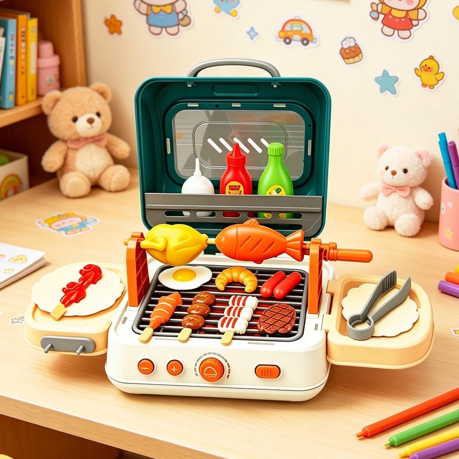 Set di barbecue per bambini barbecue interattivo pieghevole con , | cucina gioco d'imitazione per esterni, interni, viaggi, campeggio, Natale,