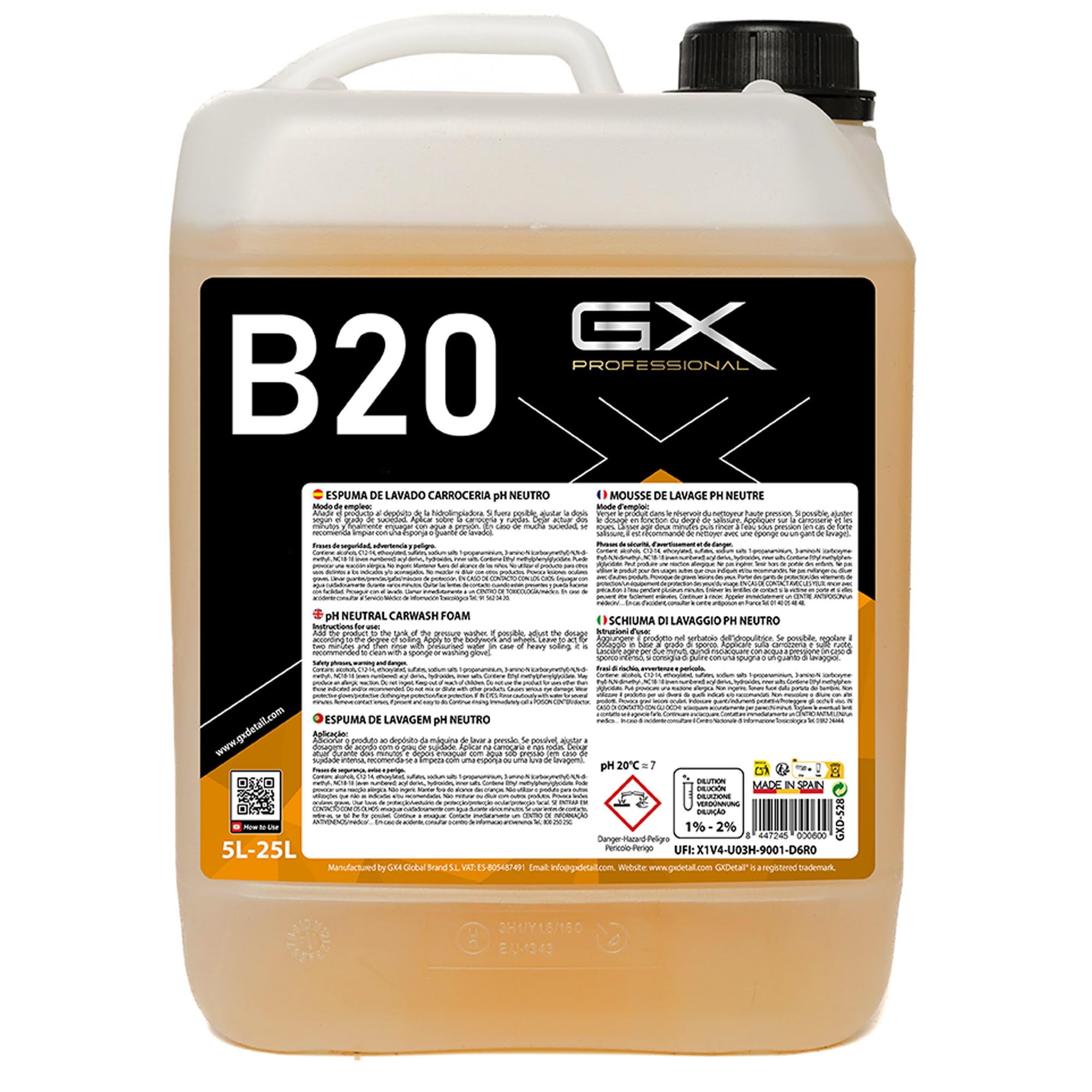 GxDetail Espuma de Lavado pH Neutro Concentrada 5 Litros para Lavado Coche – Limpieza Segura y Eficaz – Elimina Suciedad sin Dañar la Pintura – Fórmula Perfumada - Espumante de Alto Rendimiento