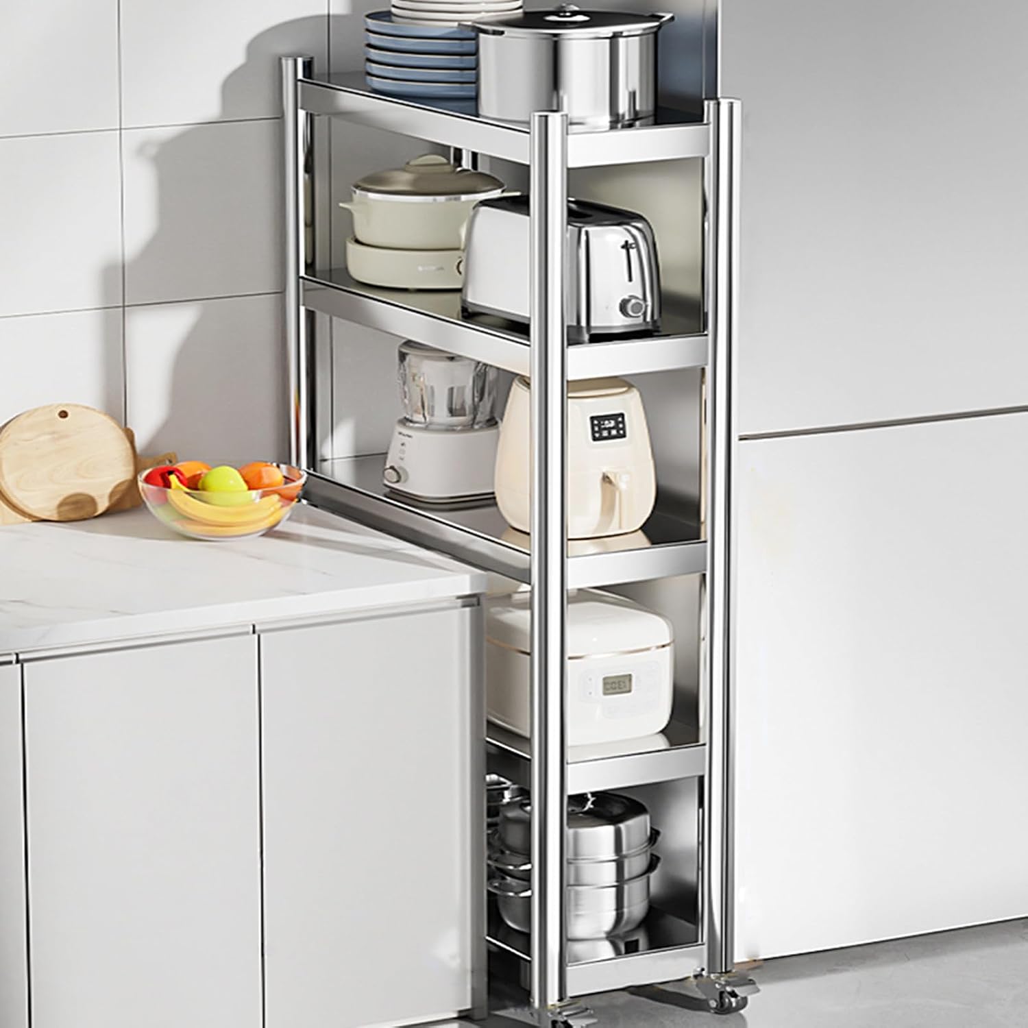 Narrow Storage Cabinet, Rolling Spice Rack, Stainless Steel Kitchen Trolley with Wheels for Dining Room, Living Room, Home Office
