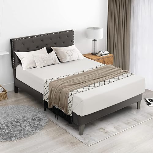 KOMFOTT Base de cama tapizada tamaño matrimonial, base de cama de plataforma con cabecera copetuda y estribo acolchado suave, base de colchón con
