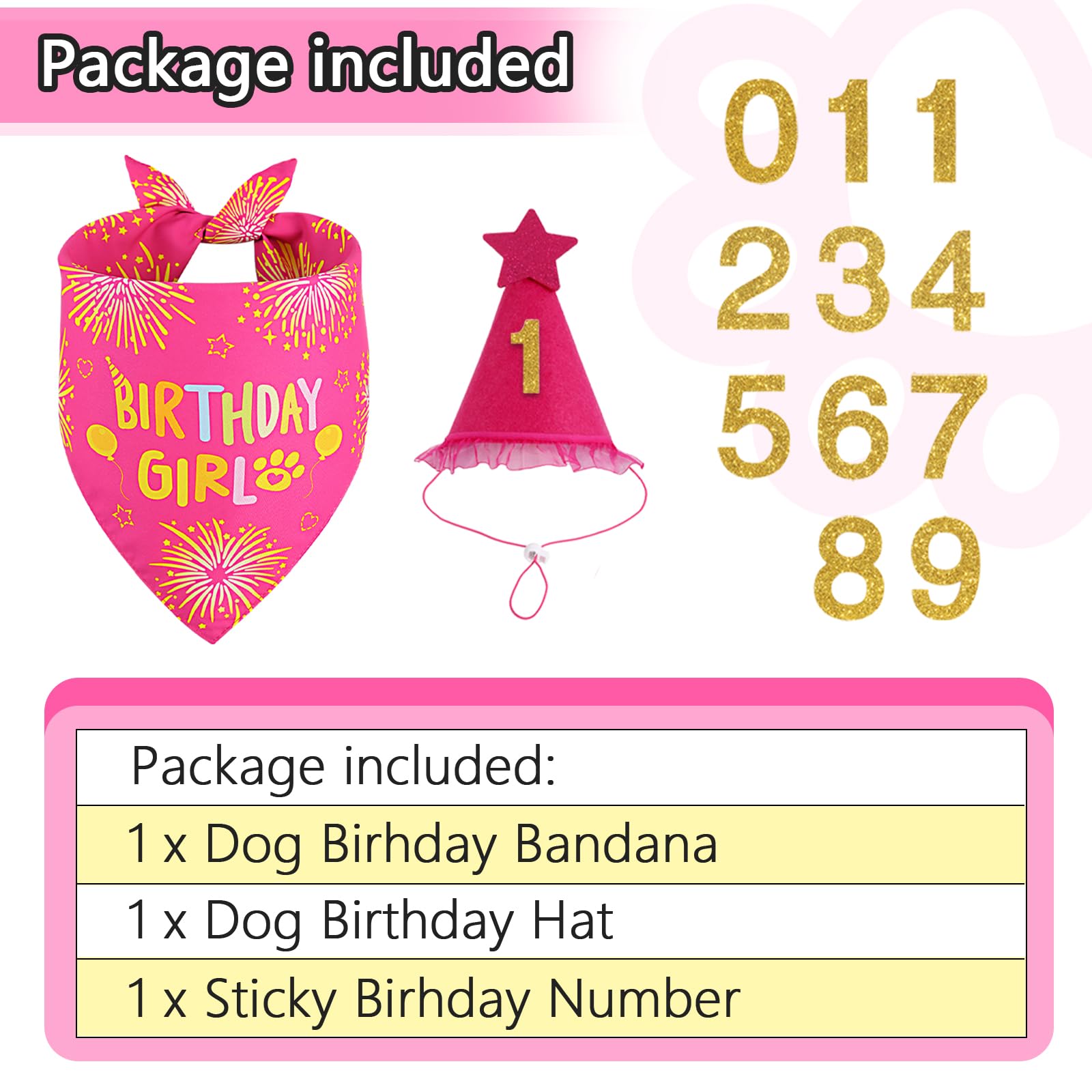 Agroon Dog Birthday Party Supplies, Rose Pink Dog Birthday Set with Hat Bandana Numbers for XLarge Large Girl Pets Puppy