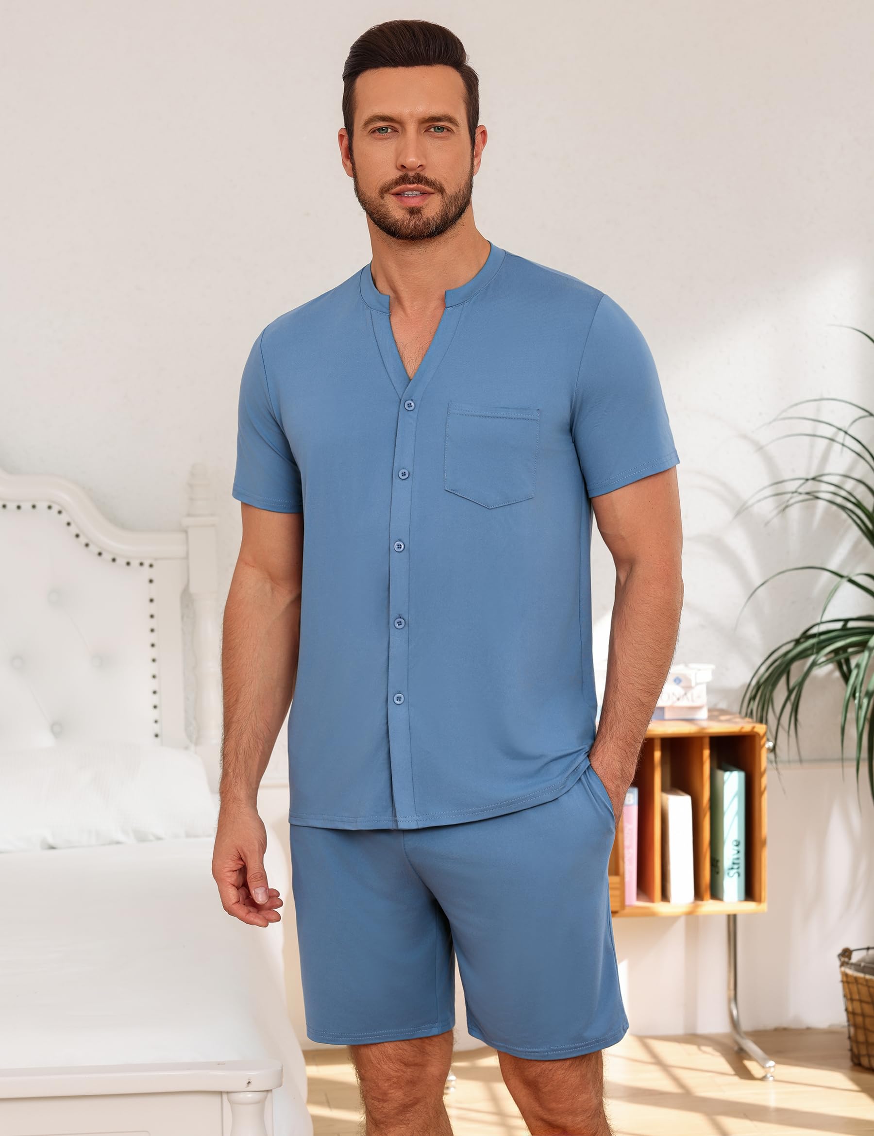 Demegimi Pigiama Uomo Estivo 2 Pezzi Maglia Manica Corta con Bottoni Pantaloncini Pigiama Notte Loungewear