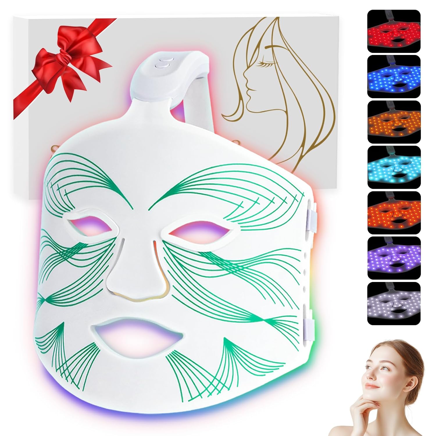 Blue Red Light Theràpy Màsk for Face, 7 Colors led face màsk Light Theràpy, Portable Facial Skin Care Màsk for Face and Neck At Home (Green)