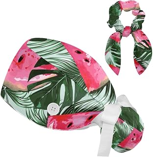 FVQL 2 Pieces Surgical Cap for Long Hair Scrub Cap with Hairband Nurse Cap, Monstera Leaf and Watermelon