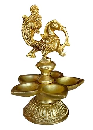 Pick End Now Peacock Design 5 Oil Wick Brass Diya Deepak Oil Lamp for Home and Office, Product Dimensions - 9 X 9 X 14 Cm, 499 Gm