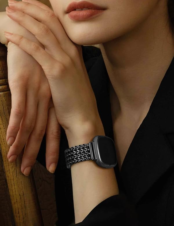 Minyee Metal Bands Compatible with Fitbit Sense 2/Versa 4/Versa 3/Sense Bands Women, Dressy Stainless Steel Multi-chain Fancy Black Adjustable Link Bracelet Wristband Replacement Strap for Versa 4 by Minyee - Used condition - Image 6