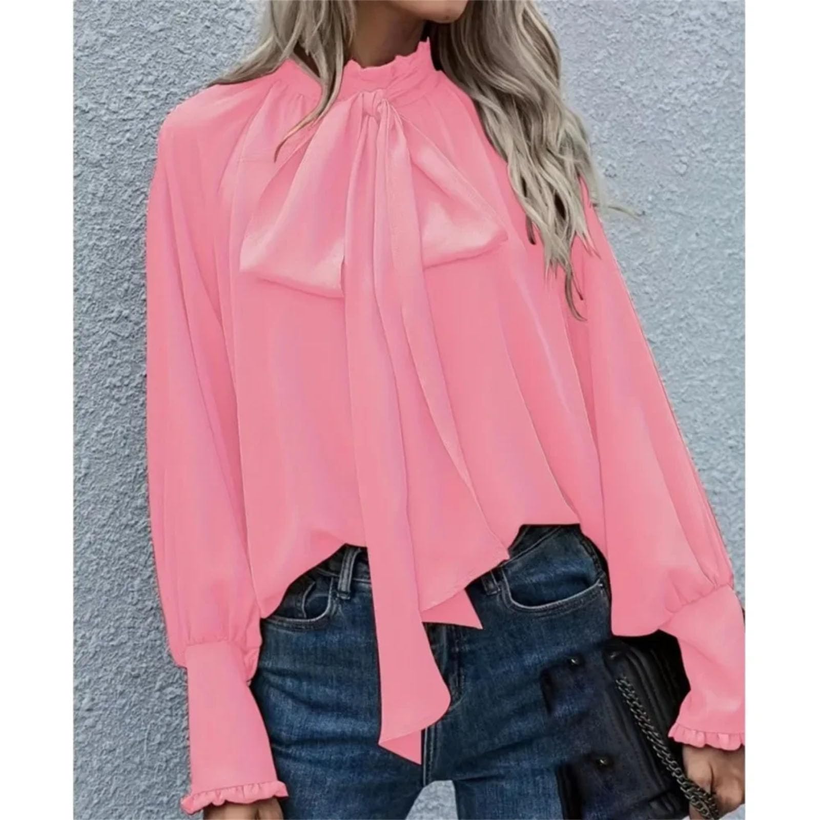 Camicia da donna a collo alto con fiocco e maniche a bolle allentata elegante top con scollo rotondo per abiti casual quotidiani