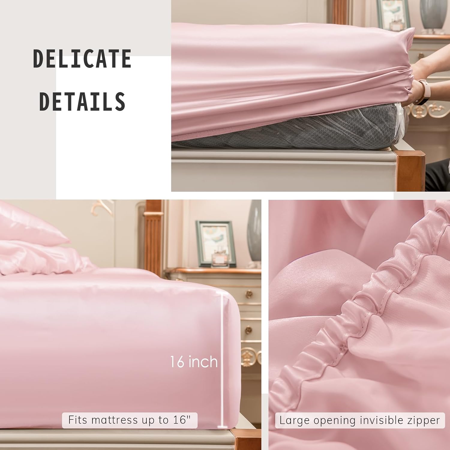 PROMEED 100% Mulberry Silk Fitted Sheet Only King Size, Pure 23 Momme Grade 6A+ Silk Bottom Sheet with Deep Pocket, Fits Mattress Up to 16 INCH (Pink, King)