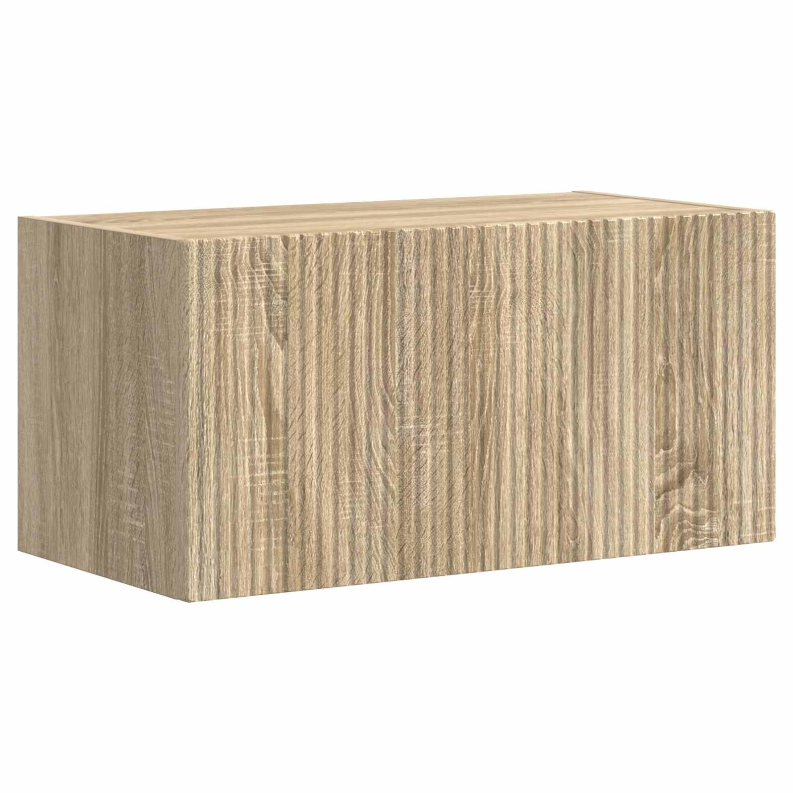 Moderno mueble de TV montado en la pared de 5 piezas en roble Sonoma de madera, compuesto por dos armarios de pared y tres armarios de TV para un amplio almacenamiento de dispositivos