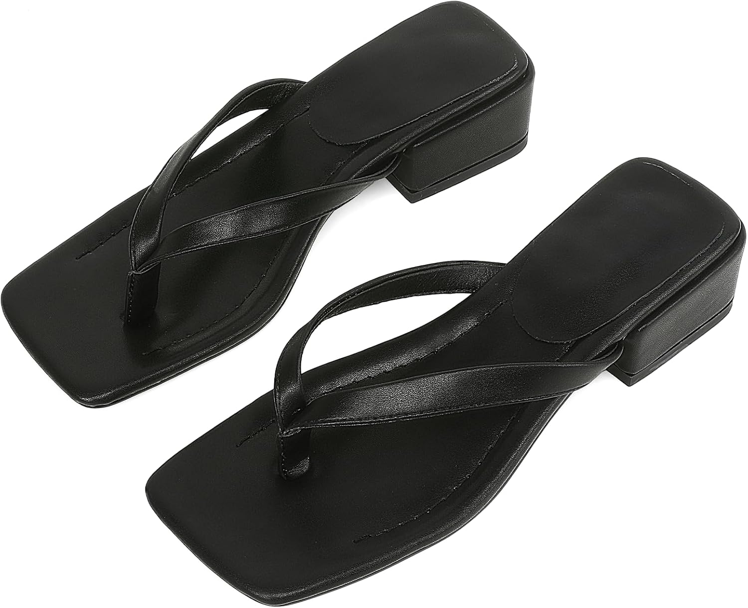 Women Flip Flops Squared Toe Chunky Low Heels Thong Sandals Slip On For Casual Summer Beach Slides