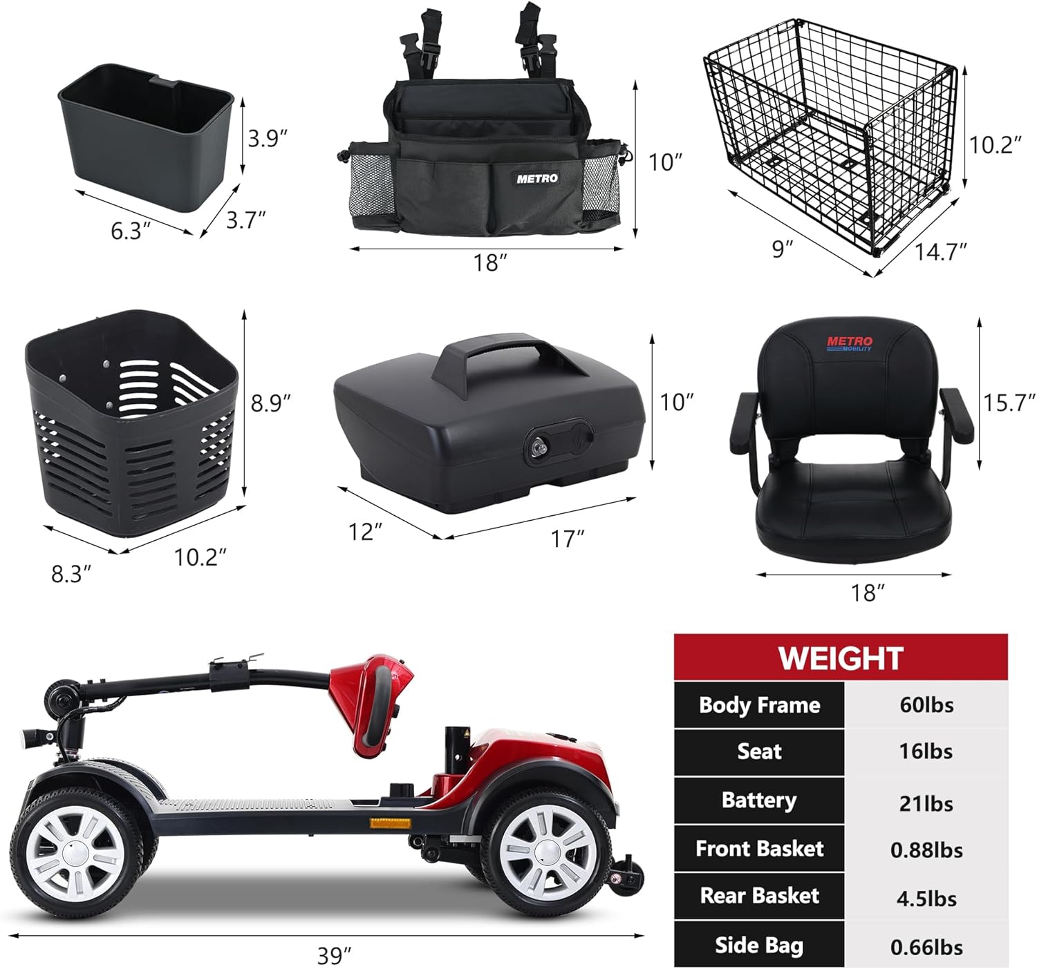 Diagram showing various dimensions and weights of the scooter components, including body frame, seat, battery, and baskets.