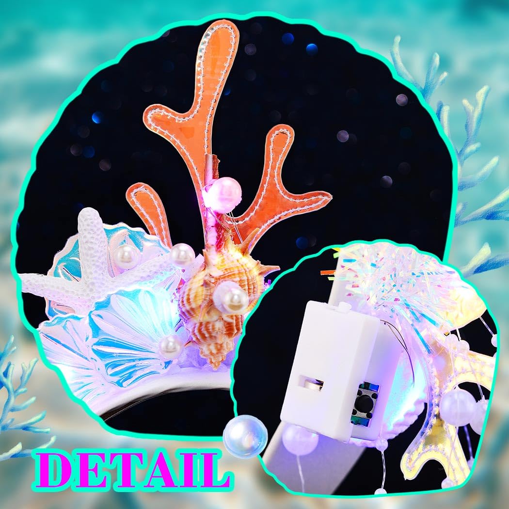 JEAIRTS Light Up Mermaid Headband Glow Shell Hair Band Led Pearl Starfish Costume Hair Accessories for Women - Image 6