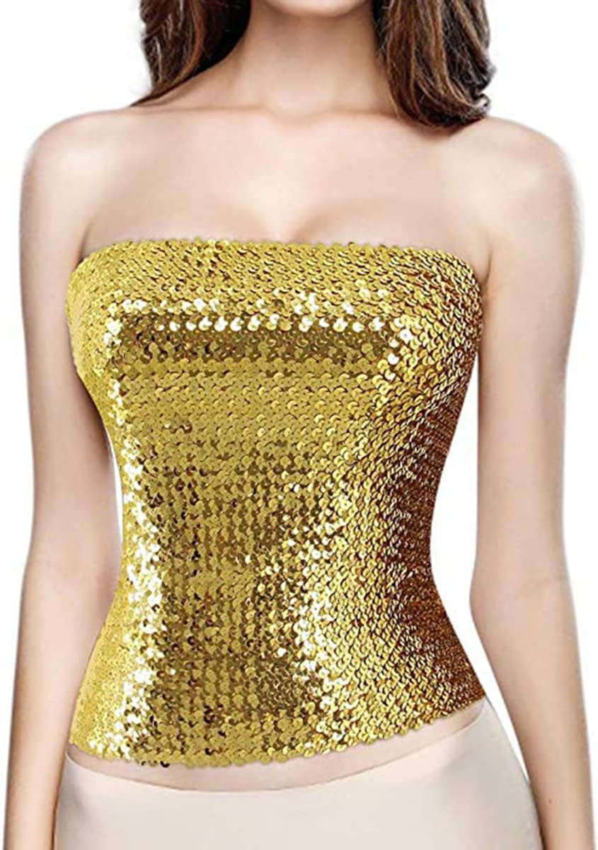 RARITYUS Womens Girls Shiny Sequin Tube Top Sexy Strapless Stretchy Crop Vest Chest Wrap Party Costume